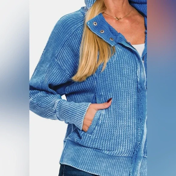 NWT Zenana Ocean Blue Acid Wash Zip Up Waffle Knit Hooded Jacket - Picture 4 of 4